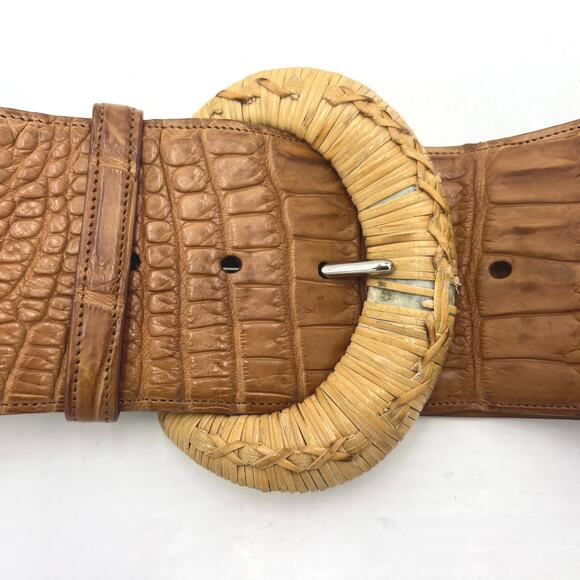 Ralph Lauren Womens Crocodile Brown Belt with Wicker Detail 